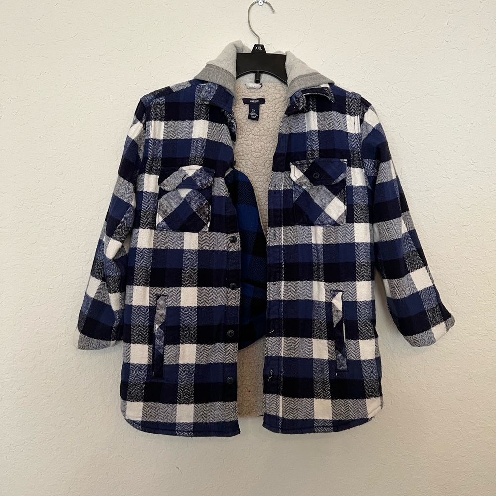 GAP KIDS | Boys Plaid Blue Black Flannel FauxFur Sherpa Lined Hoodie